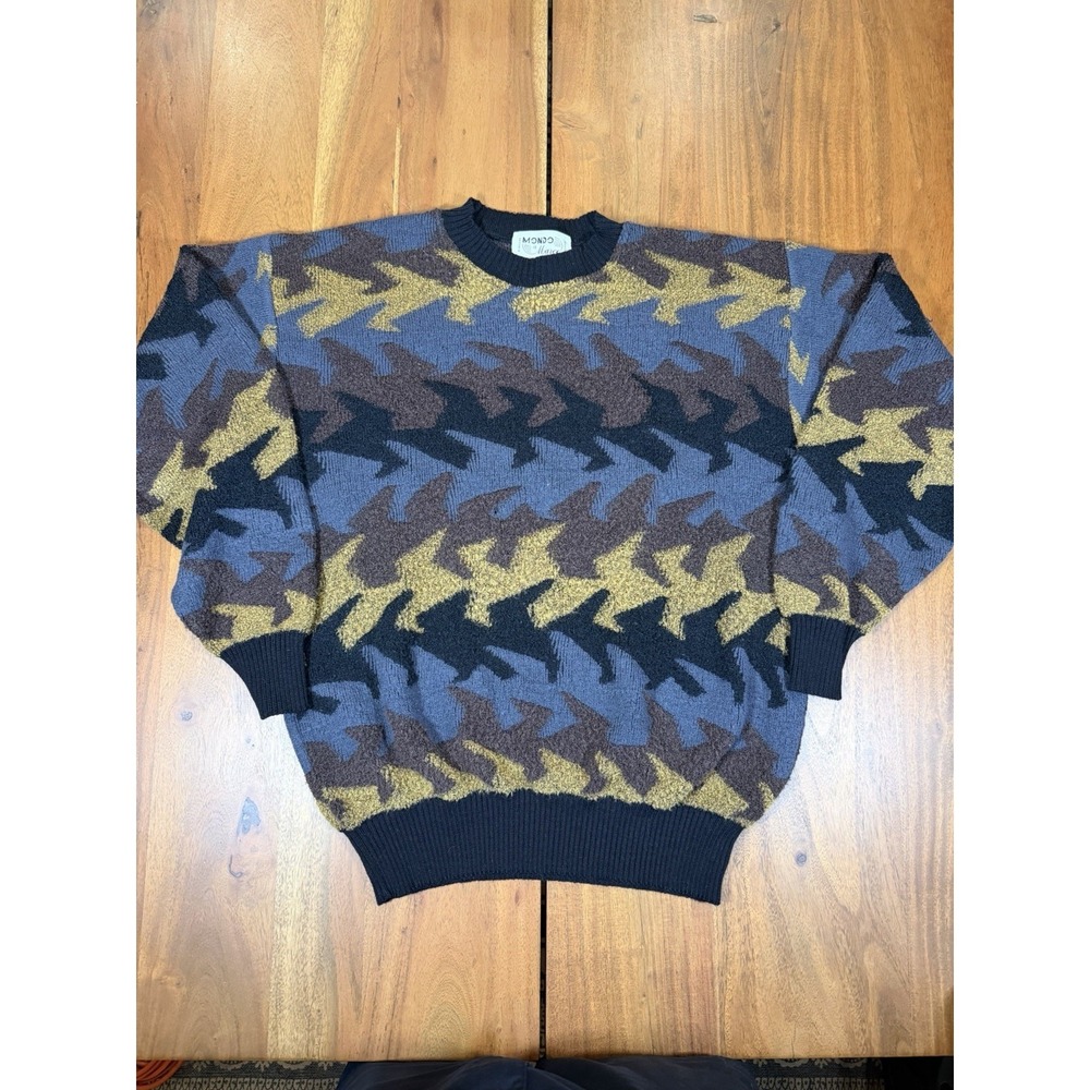 Mondo di Marco Sweater Mens XL Blue Grey Abstract Knit Made in Italy Vintage 90s